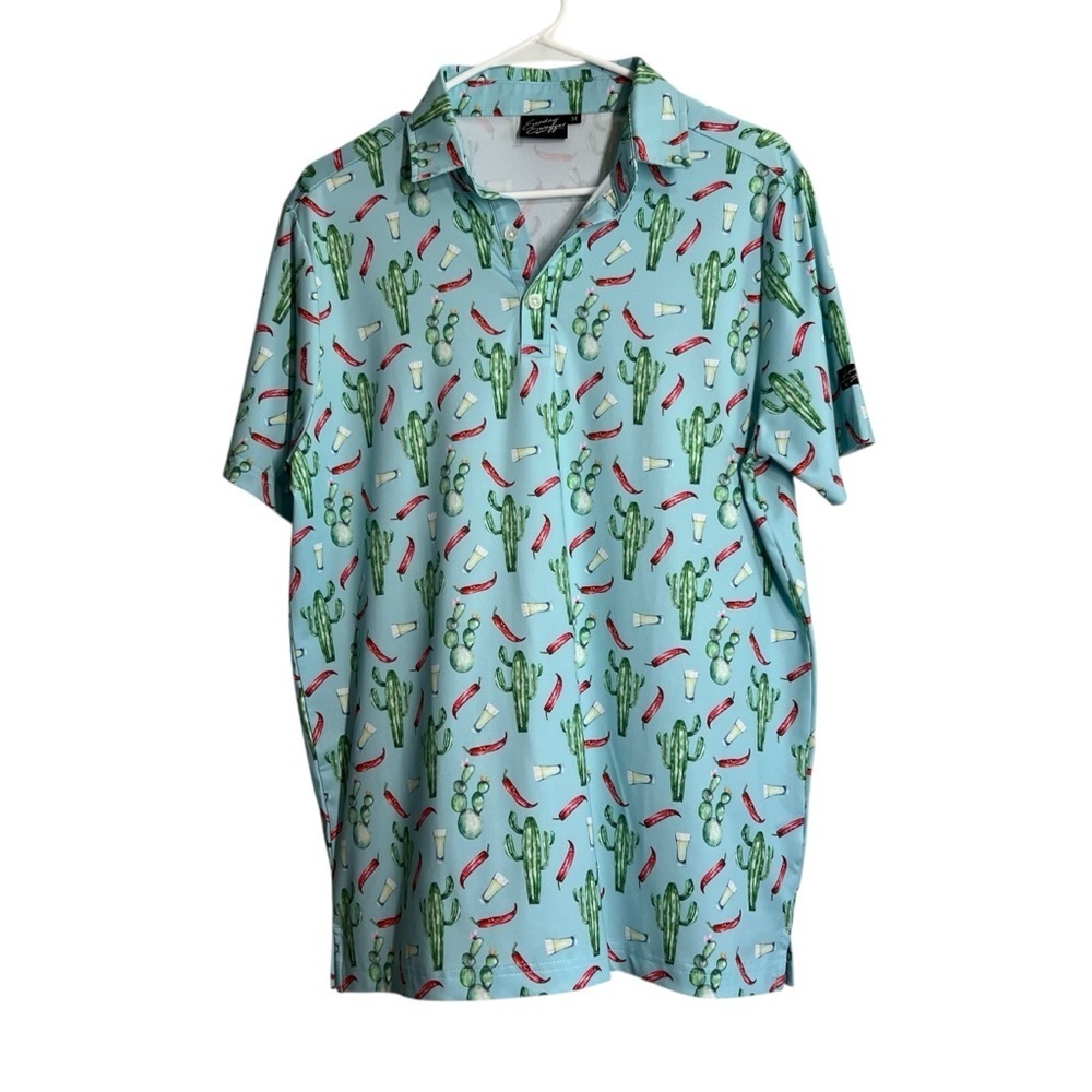 Sunday Swagger Shirt Mens Size Medium Tequila Sunrise AOP Performance Blue